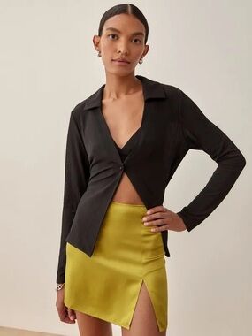 Robbie Skirt in Kalamata Olive/Mustard Yellow, 100% Silk Slip Mini Skirt